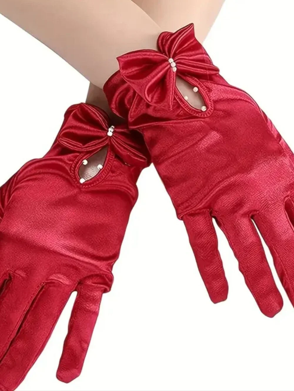 Elegant Red Satin Short Wrist Length Evening Gloves W/Bow & Faux Pearl Detail